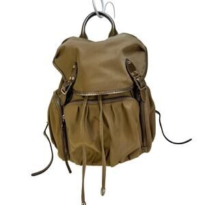 MZ Wallace Marlena Bedford Nylon Drawstring Backpack Tan Metallic Leather Trim